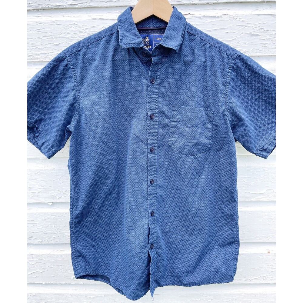 Rugby Univeristy Shirt Mens M Blue Microcheck 100% Cotton Casual Button Down